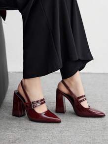 CUCCOO BIZCHIC Burgundy Pointed Toe Thick Heeled Strap Women Casual Shoes, Simple Basic Commute, Date, Party, Holiday For Christmas Spring Shoes - Burgundy - View 5
