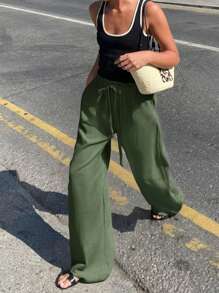 SHEIN Frenchy Celana Kasual Wanita Warna Polos, Cocok untuk Musim Panas, Musim Dingin, Hijau, dan Natal - Hijau Tentara - View 6