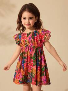 SHEIN Kleine Mädchen Süßes Blume Muster Kurzarm Sommerkleid für Urlaubszeit - Rot - Übersicht 3
