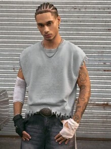 AXEPEAK Men's Letter Print Distressed Knit Vest, School, Streetwear Style - Light Grey - View 2