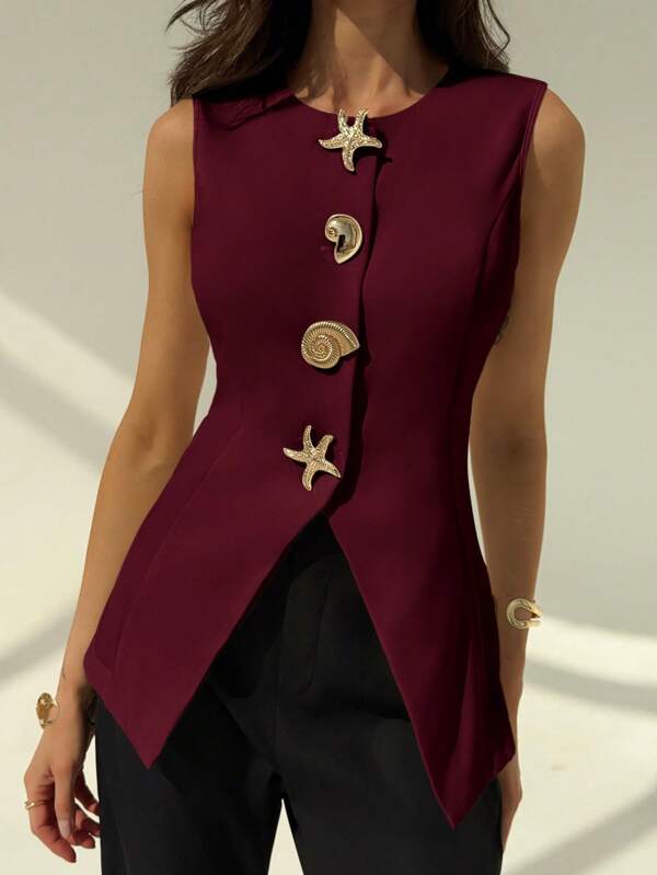 Aloruh Sleeveless Simple Commuter/Office Outfit Metal Decor Women Blazer Office Outfits For Women