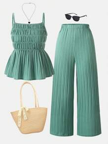 Sparklyn 甜美度假风格细肩带上衣和阔腿裤两件套，适合少女春夏休闲装