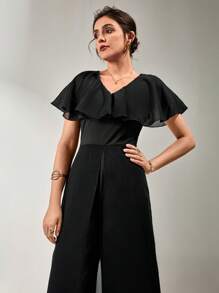 SHEIN Clasi Women's Elegant V-Neck Ruffled Chiffon Jumpsuit For Resort Wear - Black - View 6