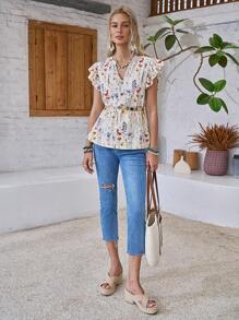 LanaWest Blusa casual da donna con scollo a V e stampa floreale, maniche a volant, adatta per uso quotidiano e vacanze