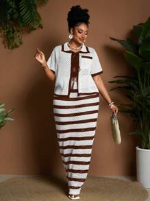 Maweii Cardigan corto con tasche e allacciatura frontale, abbinato a una gonna lunga elegante, outfit vacanziero per donna taglie forti