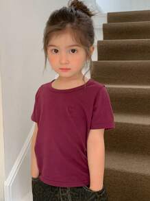 DAZY Young Girls Round Neck Embroidered Short Sleeve Knit Top, Summer - Purple - View 1