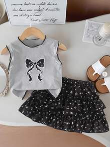 2pcs Girls Set: Bow Applique Tank Top With Ruffle Hem + Cute Cake Skirt - Grey - View 3