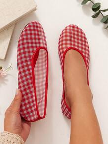 SHUZIA Bailarinas rojas básicas, cómodas y femeninas de estilo minimalista con estampado de cuadros, malla y PU para mujer - Rojo - Ver 2