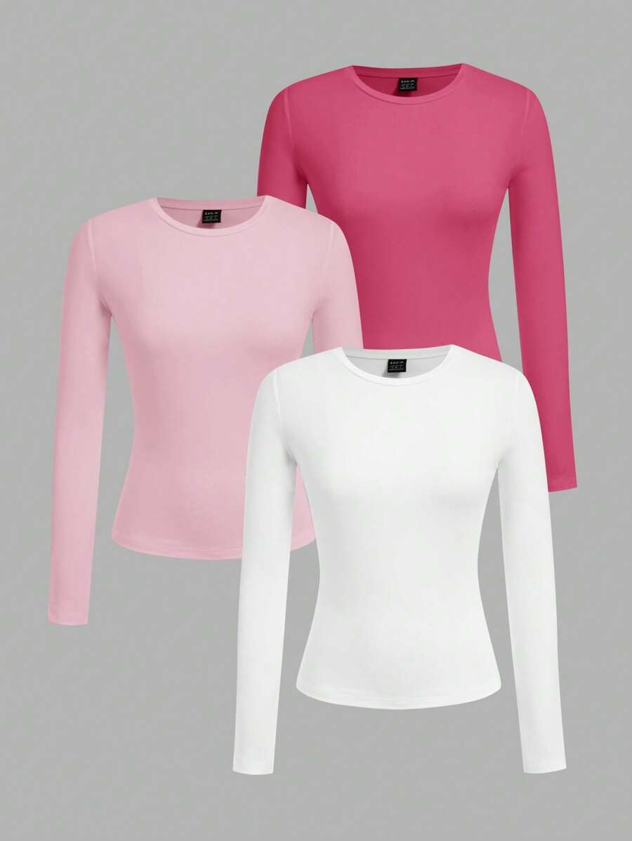 SHEIN EZwear 3pcs/Set Women's Crew Neck Casual Slim Fit Long Sleeve T-Shirt Sets In Deep Pink, Light Pink, White, Suitable For Spring/Summer Autumn And Winter - Multicolor - View 1