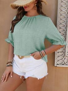 SHEIN LUNE Plus Size Women Tie Sleeve Shirt With Decorative Buttons Women Summer Clothing Summer Clothes Women Clothes Tops For Women Elegant Women Summer Shirts Women Plus Clothing Formal Women Plus Clothing Business Casual Tops For Women Women Blouses - Cadet Blue - View 7