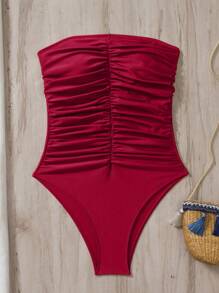 Swim Chiccia Beach Summer Outfits For Women, Solid Color Ruched Bandeau One-Piece Swimsuit - Red - View 5