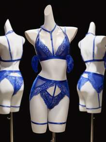 SHEIN 3件套女士性感蕾丝内衣套装 - 藍色 - 查看 6