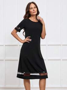 Miaspire Women's Elegant Rhinestone Embellished Round Neck Short Sleeve Mid-Length Dress, Suitable For Spring & Summer - Black - View 8