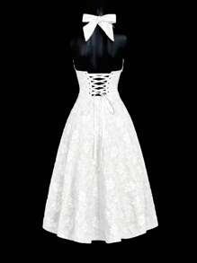 SHEIN ICON 深V领蝴蝶结吊带提花宫廷风浪漫缎面连衣裙 - 白色 - 查看 2