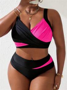 Slaydiva Plus Size Women 2pcs/Set Black & Pink Splice Ruffled Strap Bikini Swimsuit, Summer Beach Holiday