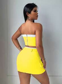 Zolique 2 Pieces Set: Contrast-Trim Bandeau Crop Top & Pocket Skirt - Yellow - View 2