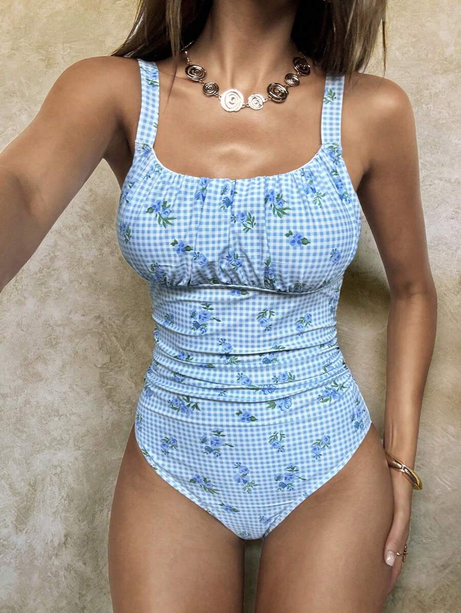SHEIN Swim 女士格子花卉印花休闲细肩带连体泳衣，适合度假穿着 - 彩色 - 查看 1