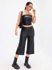 Women's Coated Solid Color Loose Capri Pants With Pockets, Casual - Black - View 3