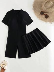 Swim Mulvari 2 pièces Jupe noire en tissu à double couche avec short et Top à manches courtes, design à fermeture éclair avant, inspiré du Moyen-Orient, ensemble 2 pièces Burkini