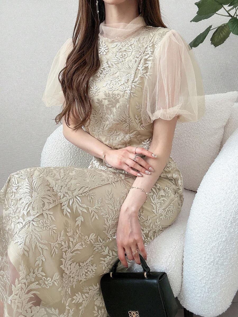 FRIFUL Women's Vacation Feminized Full Lace Mermaid Bowknot Belted Slim Solid Cream Yellow Dress, Women's Summer Women Dresses Birthday Women Birthday Women Casual Dress Women Clothes Summer Clothes Prom Dress - Apricot - View 1