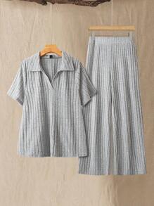 EMERY ROSE 2 pezzi Completo donna taglia comoda composto da camicia a maniche corte e pantaloni in colore unito