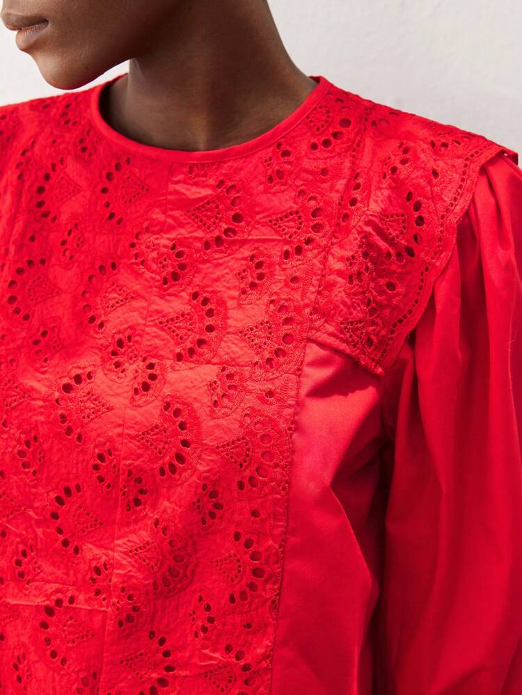 SHEIN Maija Women's Autumn Red Hollow Embroidery Patchwork Blouse, Casual Loose Fit, Modern Resort Style, Soft & Comfortable, Bohemian Western Vibe, Suitable For Holiday And Festive Occasions Modern Urban Casual Fashion Business Casual Women's Office Wear