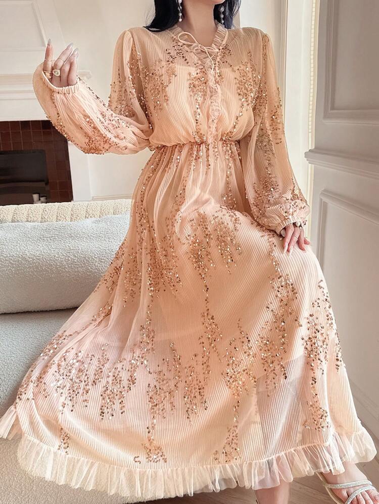 2 piezas Vestido largo con cintura anudada de gasa brillante con forro deslizante, vestido largo de manga larga para otoño, vestido de gala de lujo con lentejuelas, elegantes vestidos de mujer para carnaval y vestido brillante