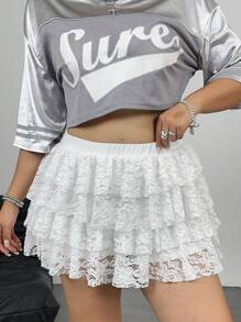 POPSWAY Plus Size Solid Color Elastic Waist 4-Layer Ruched Lace Skort - White - View 7