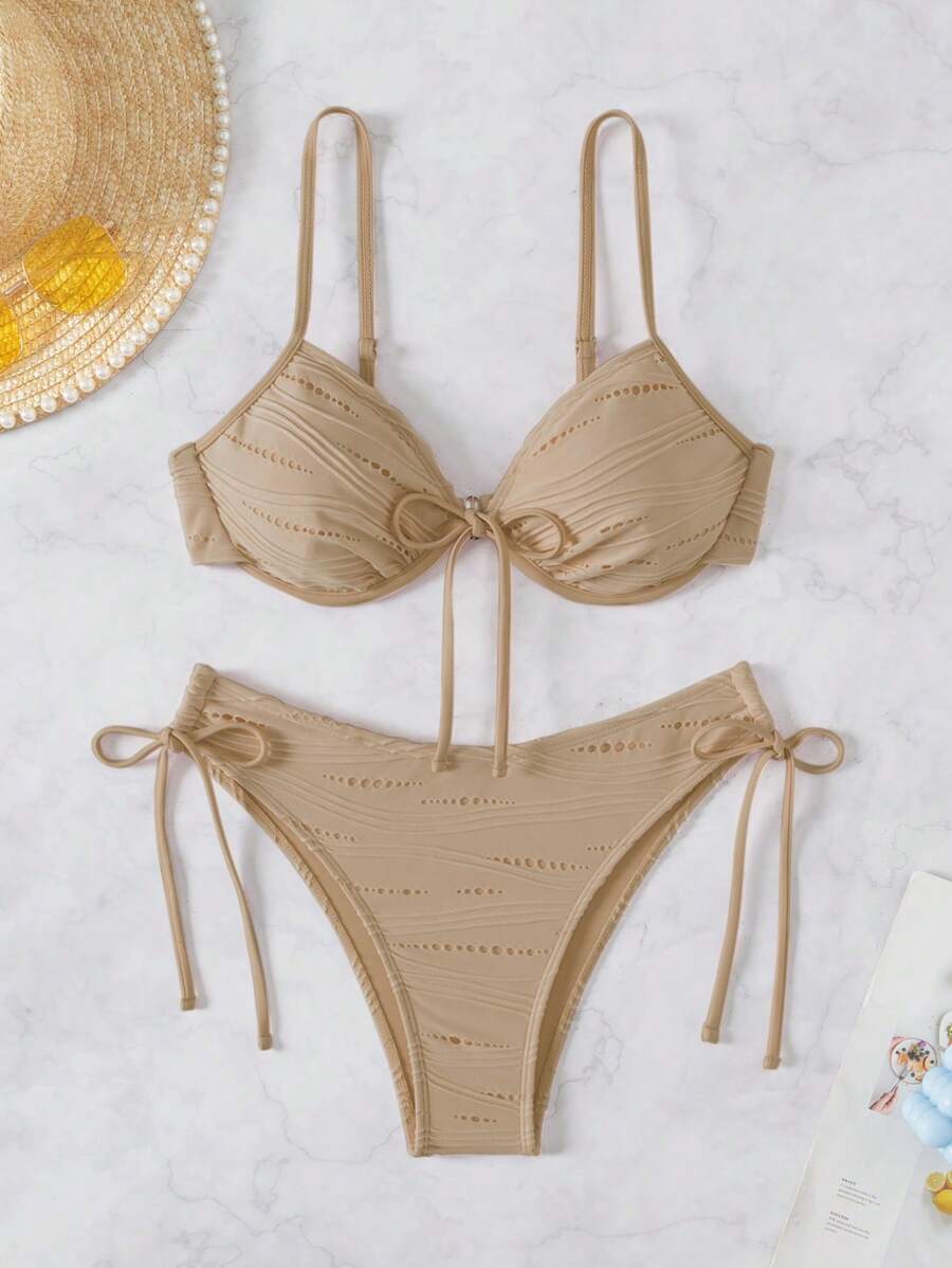 Swim Mod 女士纯色细肩带三角泳裤泳衣 - 卡其色 - 查看 1