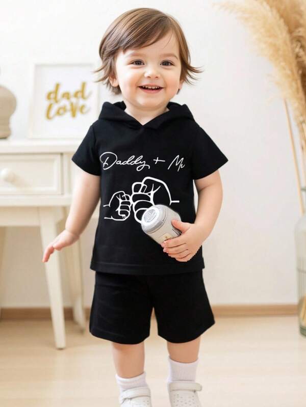 2 Pieces Baby Boy Solid Color Hooded Short Sleeve T-Shirt And Shorts Set, Letter And Handprint Design, Paired With Black Athletic Shorts, Suitable For Casual, Sports, School And Holiday Wear, Kids Outfit, Hooded Top, Infant Clothing, Good For Summer