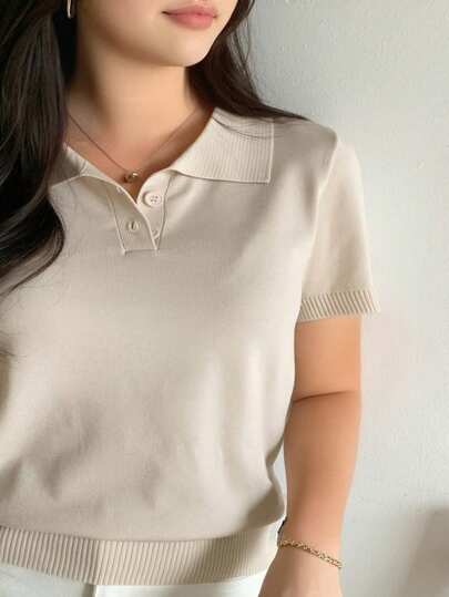 Dazy Plus Solid Color Polo Neck Fitted Short Sleeve Knit Top, Spring/Summer/Autumn