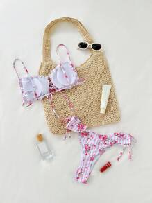 SHEIN Swim Conjunto de bikini con tirantes anudados, encaje y estampado romántico de rosas para vacaciones de verano - Rosa Pálido - Ver 2