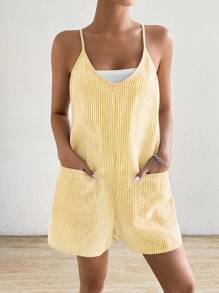 SHEIN EZwear Women's Summer Striped Print Pocket Casual Jumpsuit Yellow - Yellow - View 4