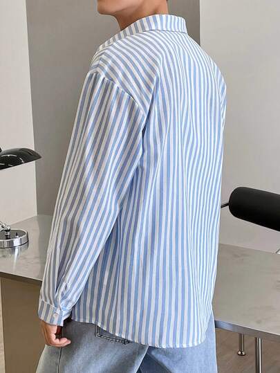 StoneGrade Men's Fashionable & Simple Blue And White Striped Colorful Art Collar Casual Urban Long Sleeve Shirt, Fall