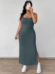 SHEIN MOOSTA Plus Size Solid Color Sleeveless Twist Hollow Out Slit Bodycon Casual Midi Dress Maxi Women Outfit - Blue - View 5