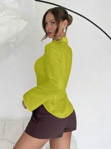 Roylia 1pc Solid Color Casual Front Button Elegant Long Flared Sleeves Shirt White Shirt Womenoffice Blouseformal Blousewhite Shirt For Women Fall Cloth For Women