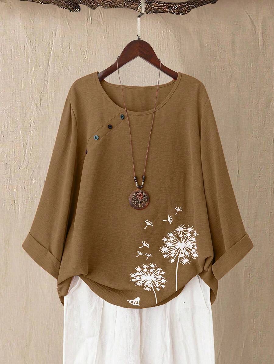 Linhara Plus Size Women's Printed 3/4 Sleeve Casual Shirt, Spring/Summer - Khaki - View 1