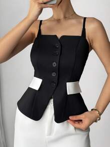 Ellevyn Women's Elegant Commuter Adjustable Strap Fitted A-Line Hem Slit Colorblock Camisole Tank TopSummer Mother's Day Graduation Church Brunch