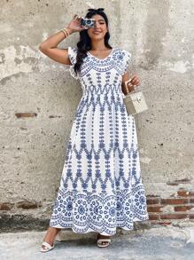 SHEIN LUNE Plus Size Blue And White Print Long Vacation Casual Dress Boho Summer Boho Old Money Summer Outfits For Women Break Rave Outfits Renaissance Fair Dress Sun Dresses For Women - Blue and White - View 4