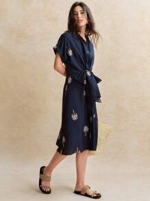 Écloséra Modern vintage mångsidig daglig klänning med skjortkrage, dolmanärm, knappar, rosett och broderi, marinblå, midilängd, vår/sommar - Marinblå - Visa 5