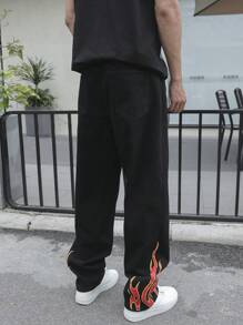 Manfinity Roghcode 男式休闲撞色火焰印花牛仔裤 - 黑色 - 查看 2