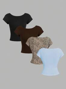 SHEIN Essnce Set 4 pcs Kaos Wanita Warna Polos Kasual Kerah Bulat Pas Badan Tanpa Punggung Berongga, Serbaguna untuk Musim Panas, Cocok untuk Bepergian - MultiWarna - View 2
