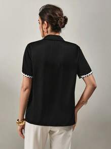 SHEIN Clasi Black Short Sleeve Lace Trim Women's Casual Blouse - Black and White - View 2
