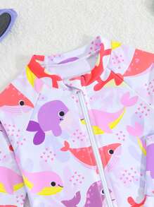 女婴时尚夏季长袖圆领拉链泳衣和三角泳裤套装，适合女婴的泳装，婴儿泳衣，婴儿泳装 - 淡紫色 - 查看 5