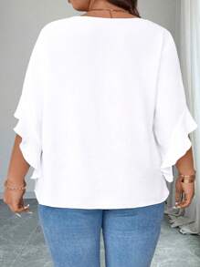 SHEIN CURVE+ Plus Size Sequin Tape Patchwork Ruffle Trim Blouse - White - View 2