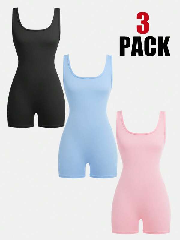 3pcs/Set Tween Girls Fitted Casual Minimalist Sleeveless Top & Solid Color Shorts Romper