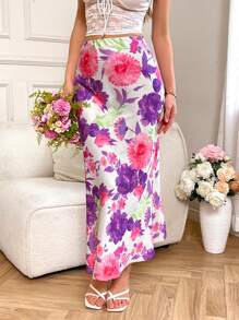 SHEIN VCAY Jupe évasée en mousseline de soie à imprimé floral pour femmes, style printemps/été resort, vacances d'été décontractées, vacances balnéaires bohèmes, style boho chic, concert country, festivals de vacances, plage, style old money