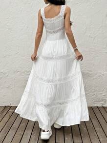 SHEIN EZwear 女式夏季度假撞色蕾丝荷叶边下摆连衣裙 - 白色 - 查看 2