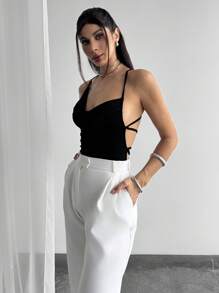 Firerie New Elegant Sexy Party Music Festival Back-To-School Vacation Date Outfit: Black Crisscross Backless Spaghetti Strap Uneven Bustier Tight-Fitting Bodysuit, Shiny Material, Spring/Summer, Concert Outfit Women