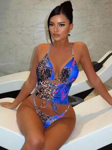 Swim SXY 1pc Women Leopard Print Sexy Halter Tie Front Bikini Swimsuit For Summer Beach Vacation - Multicolor - View 1